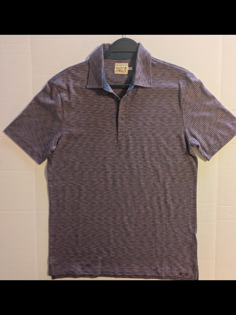 Faherty Men's Purple and Navy Striped Polo Shirt- S (NWOT)